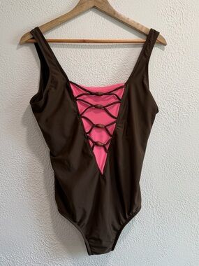 Vintage Inches Off Brown and Pink One Piece Swimsuit with Wood Beads Size 16